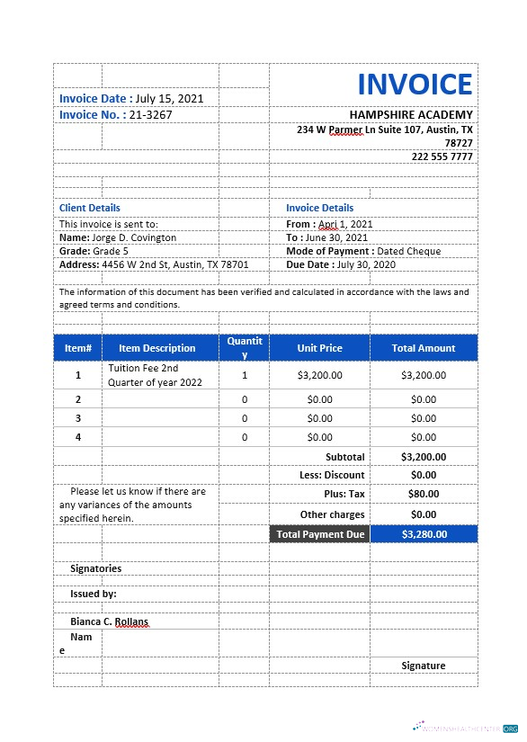 Download School Tuition Invoice Template Photoshop template